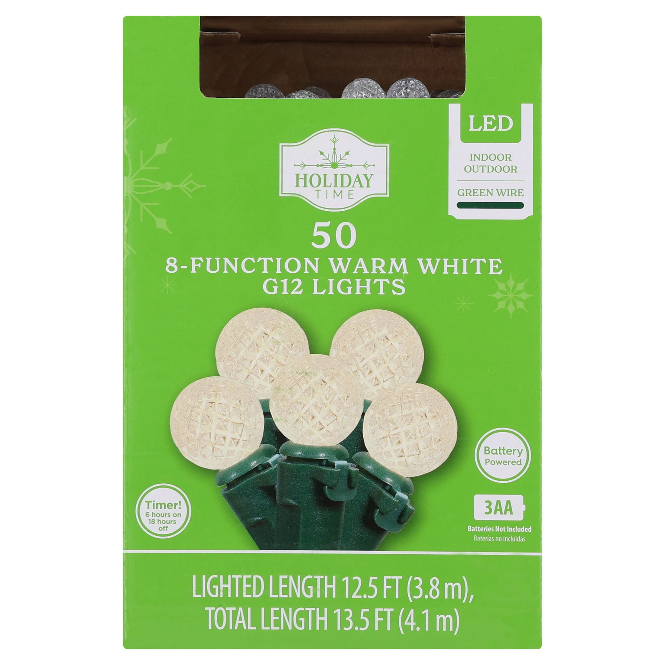 Indoor/Outdoor 50-Count LED 8-Function G12 Christmas String Lights, Warm White, Green Wire, 12.5', by Holiday Time