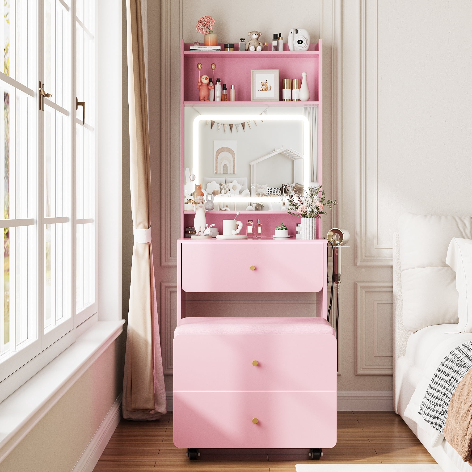 VEANERWOOD Pink Vanity Desk Set for Small Spaces, 23.62” Small Makeup Vanity Table with Rolling Stool, Lighting Mirror & Charging Station for Girls