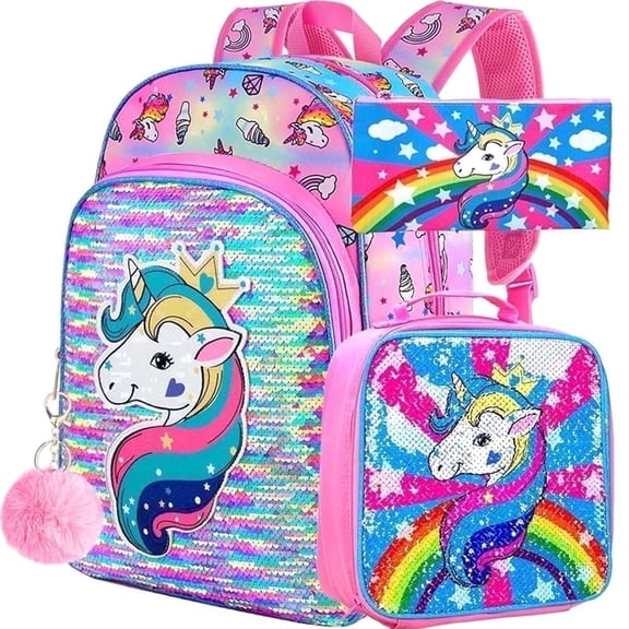 3PCS Unicorn Backpack for Girls, 16" Bookbag with Lunch Box, School Bag for Preschool Elementary