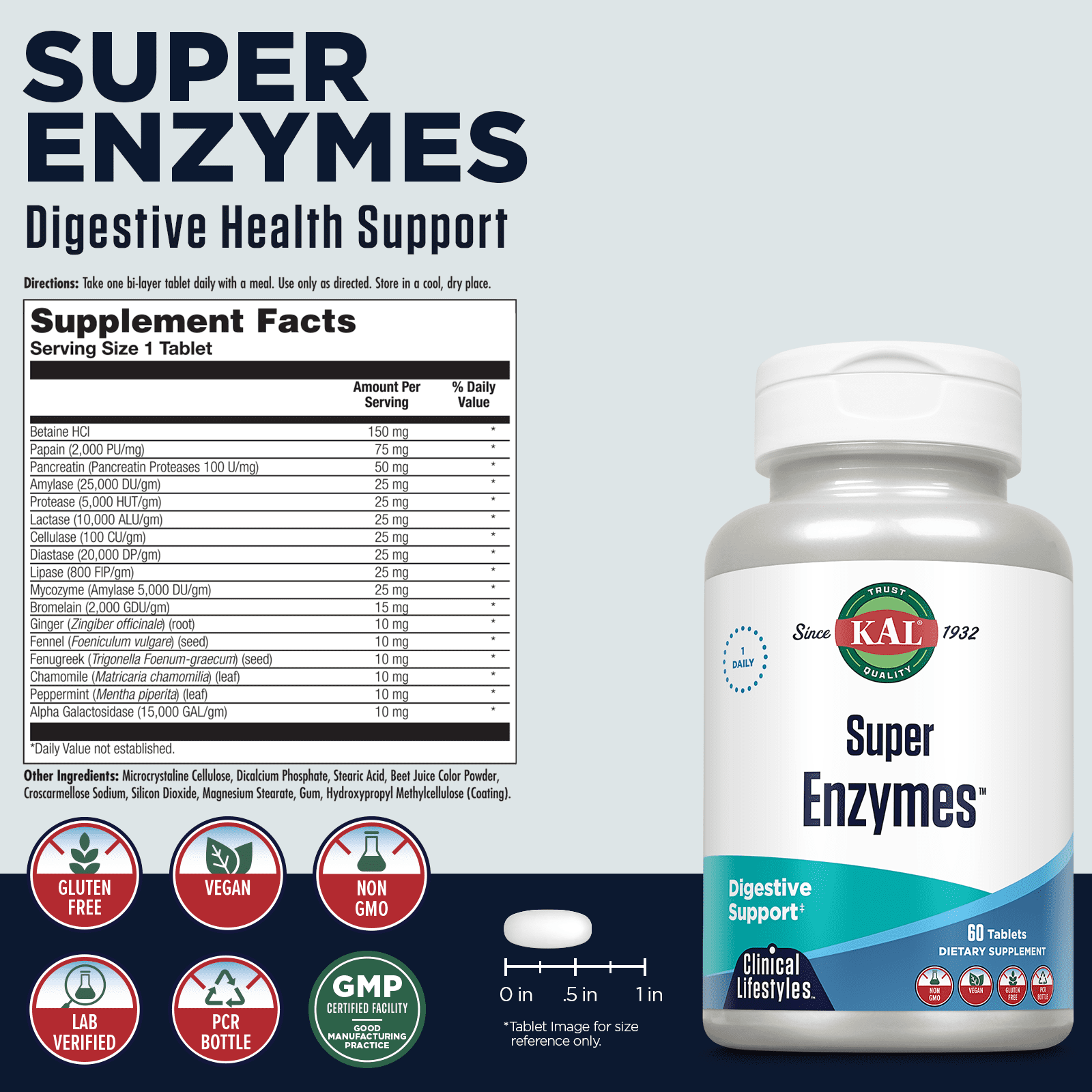 KAL Super Enzymes | Healthy Digestive Support | Digestive Enzymes and Herbs in Bi-Layer/Extended Release Formula | Lab Verified | 60 Tablets