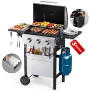 Biotree 3 Burner BBQ Propane Gas Grill, Stainless Steel 28,650 BTU Patio Garden Barbecue Grill with Two Foldable Shelves