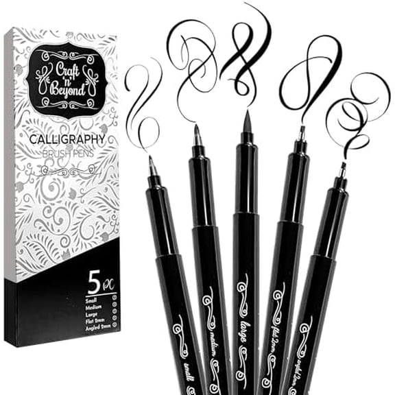 Calligraphy Brush Pens Pack of 5 Markers for Hand Lettering, Art Drawing, Sketching, Scrapbooking, Writing, Journaling tip - Beginner Kit with Fadeproof Black Ink
