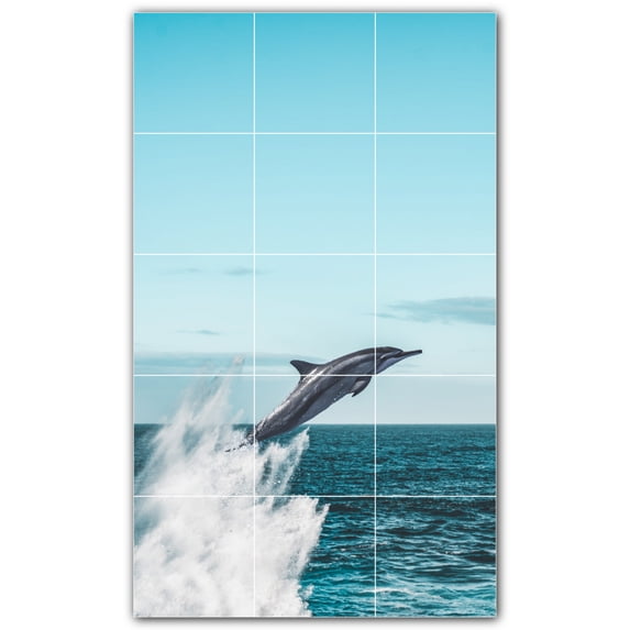 Picture-Tiles.com: Dolphin Ceramic Tile Wall Mural WAL500506-35S. 12.75"W x 21.25"H using (15) 4.25" x 4.25" Ceramic Tiles-Satin Finish