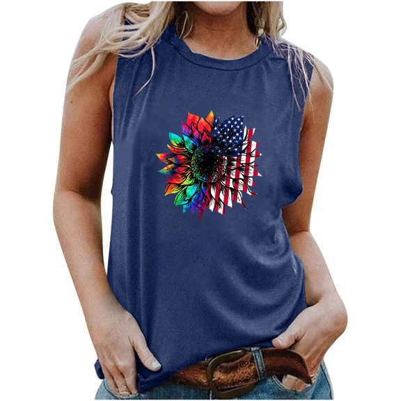 IROINNID Women's Round Neckline Tank Sleeveless 4th Of July Casual Loose Tops