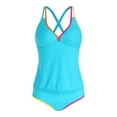 thumbnail image 4 of vigerkar Womens Tummy Control Tankini Swimsuits Color Block Bathing Suit V Neck Two Piece Swimwear with Shorts (Blue, L), 4 of 9