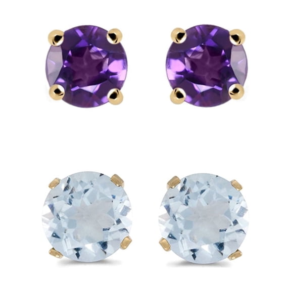 14k Yellow Gold 2 Ct Lab-Grown Amethyst and Aquamarine Round Plated Stud Earrings by Paris Jewelry