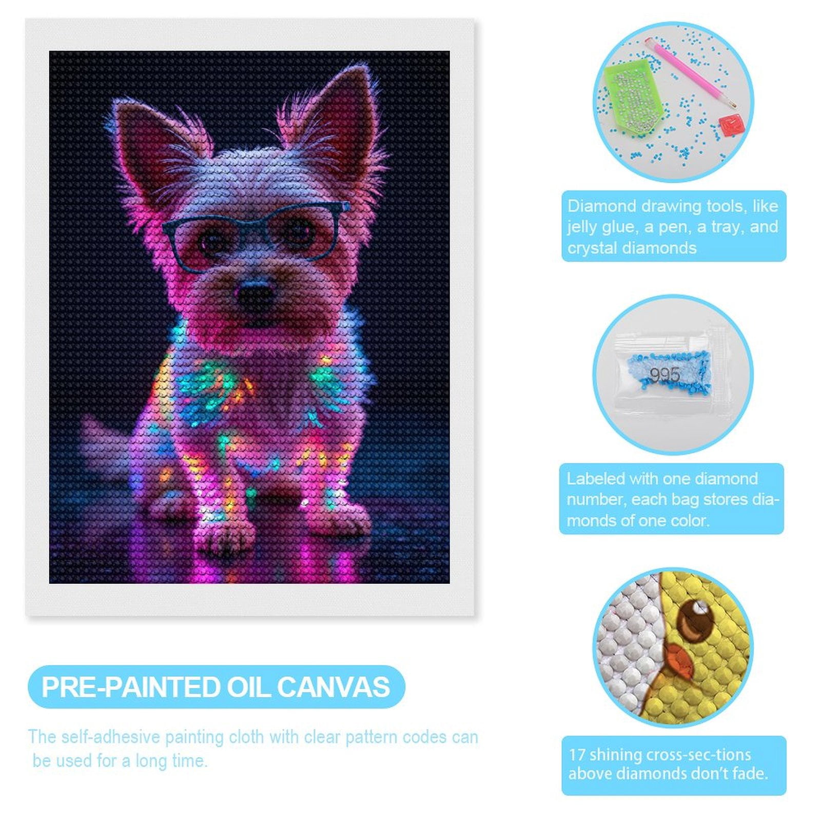 Diamond Art Kits for Adults, Puppy Neon Glasses Vibrant Lights 5D Diamond Painting Kits for Adults Beginners, DIY Full Drill Diamond Painting, Gem Art and Crafts 12x16