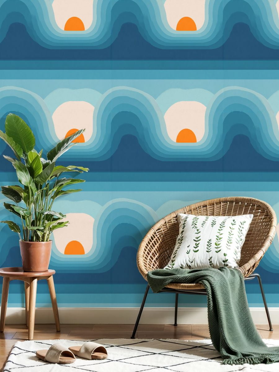 Peel and Stick Wallpaper 23.6in x 9.8ft Retro abstract sunset landscape style mid century modern Contact Paper Vinyl Waterproof Self Adhesive Wall Paper for Bedroom Shelf Cabinet Renter Friendly