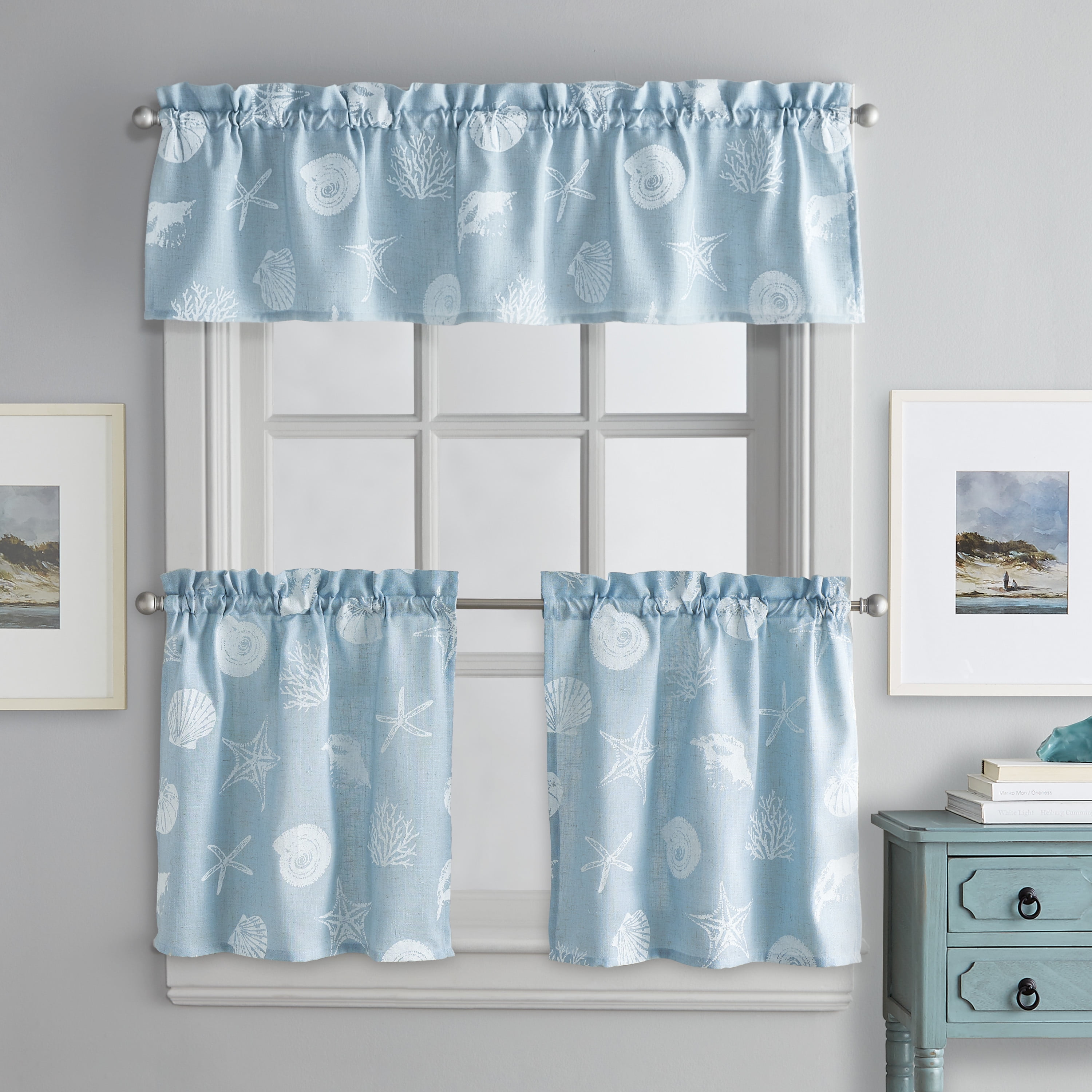 CHF Seashells 36" Tier Curtain, Pair, Printed, Aqua, Adult