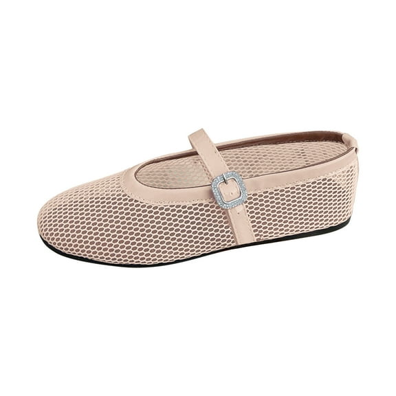 Xfvqtps Mesh Ballet Flats for Women Buckle Rhinestone Non Slip Beach Summer Mesh Sandals Beige