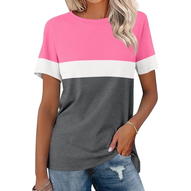 UPPADA T-Shirts à Blocs de Couleur et de Couleur Unie pour Femmes, Manches Courtes, Col Rond, T-Shirts d'Été Décontractés, T-Shirts Fluides Tendance, Blouses, Rose, G