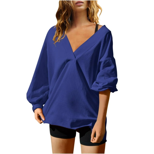 MeetoTime Oversized Long Sleeve Pullover for Women Fall Trendy V-Neck Loose Solid Color Sweatshirt Tops