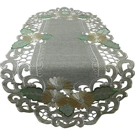 Doily Boutique Table Runner With Gold Daisies On Sage Green Burlap