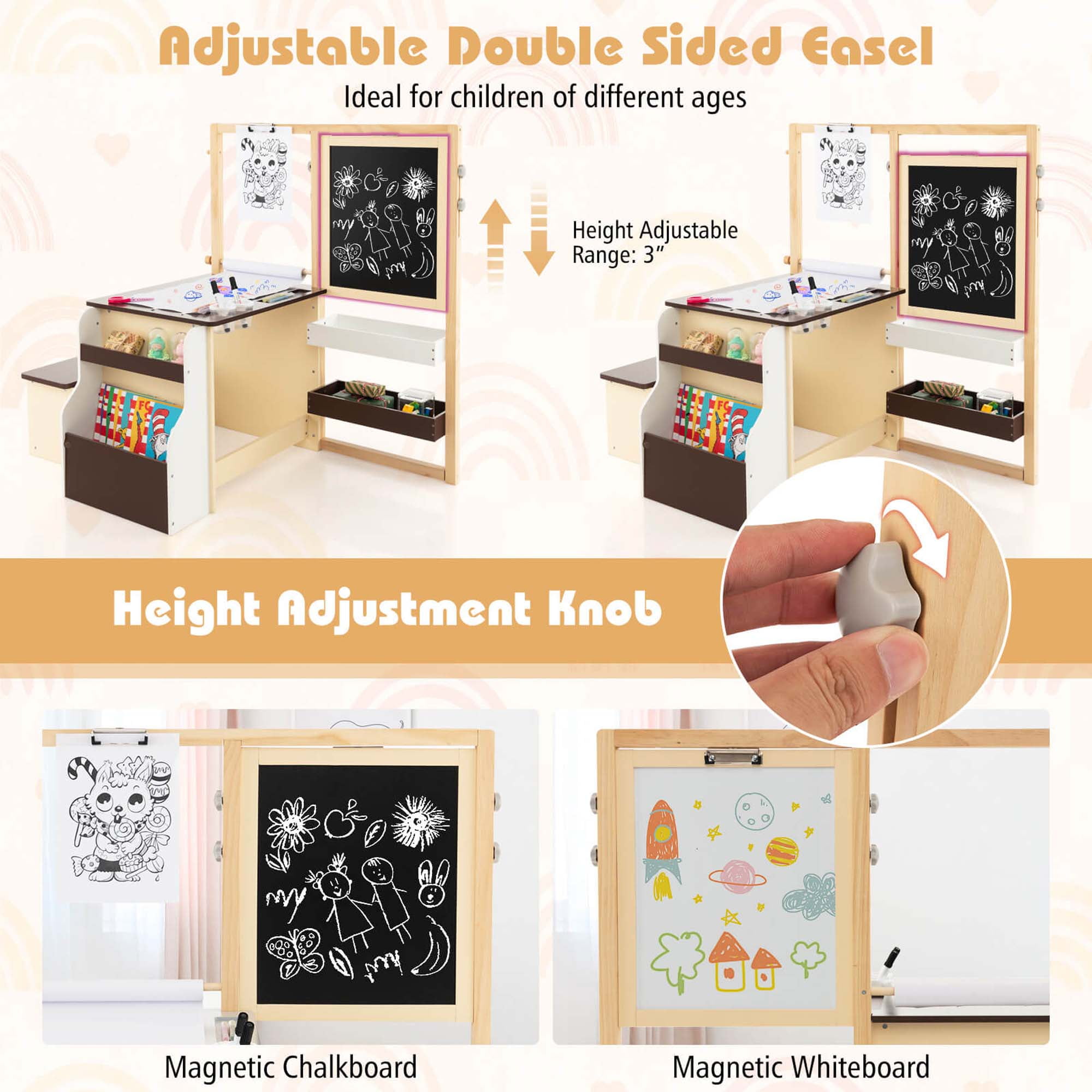 Costway Kids Art Center 7" - 10" Adjustable Double Sided Art Easels