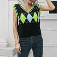 thumbnail image 6 of TANGNADE Women Short Vest with Stripe Knit Uniform Sleeveless Sweater for Womens Knitted V Neck Diamond Plaid Crop Tank Tops Green M, 6 of 6