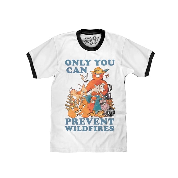 Tee Luv Smokey Bear Only You Can Prevent Wildfires Ringer Tee Shirt (Men's) (M)