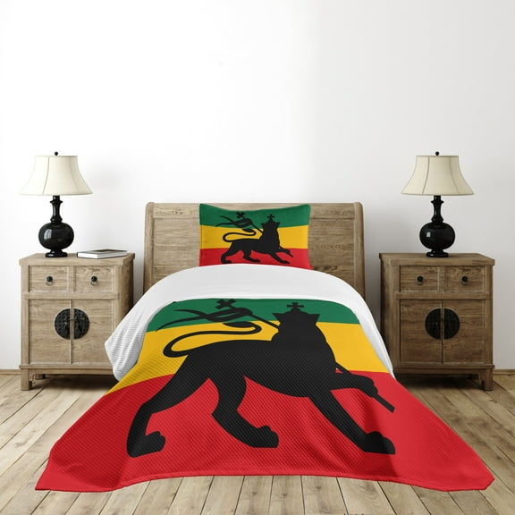 Ambesonne Rasta Quilted Bedspread Set 2 Pcs, Lion Reggae Striped Flag Art, Twin Size, Yellow Black