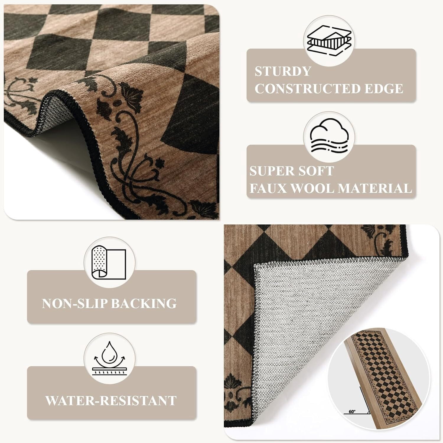 RUG ROBOT 2.5' x 8' Runner Rug for Hallway, Non Slip Washable Checkered Rug for Kitchen, Brown Neutral Bathroom Home Decor Plaid Diamond Low Pile Print Carpet for Entryway Bedroom Laundry