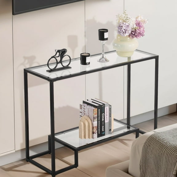 Contemporary 2-Tier Console Table, Tempered Glass Top & Iron Legs, Anti-Tip for Living Room, Entryway