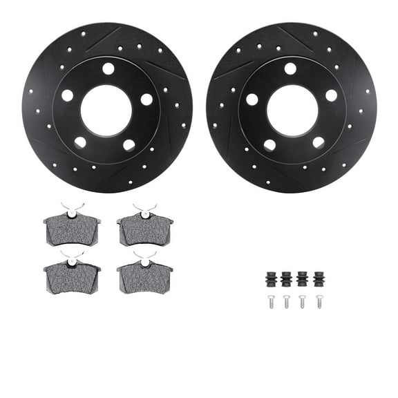 Dynamic Friction Company Rear Brake Rotors-Drilled and Slotted-Black with 5000 Euro Ceramic Brake Pads includes Hardware 8612-74012