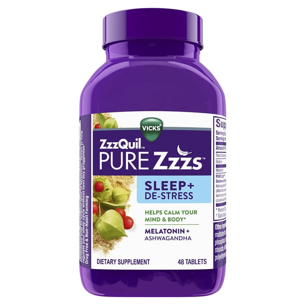 zzzQuil Pure Zzzs Sleep+DeStress Melatonin+Ashwagandha Dietary Supplement 48 tablets