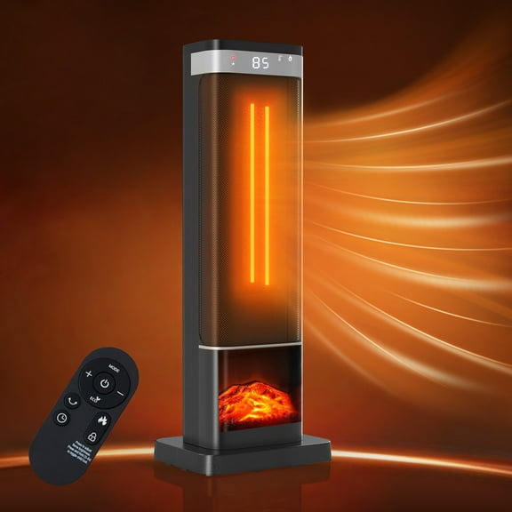 Betcozy Tower Space Heater with Flame Effect- 1500W Heating Electric Heater with 3 Light Modes, 60° Oscillation, Remote Control for Indoor Use (Black)