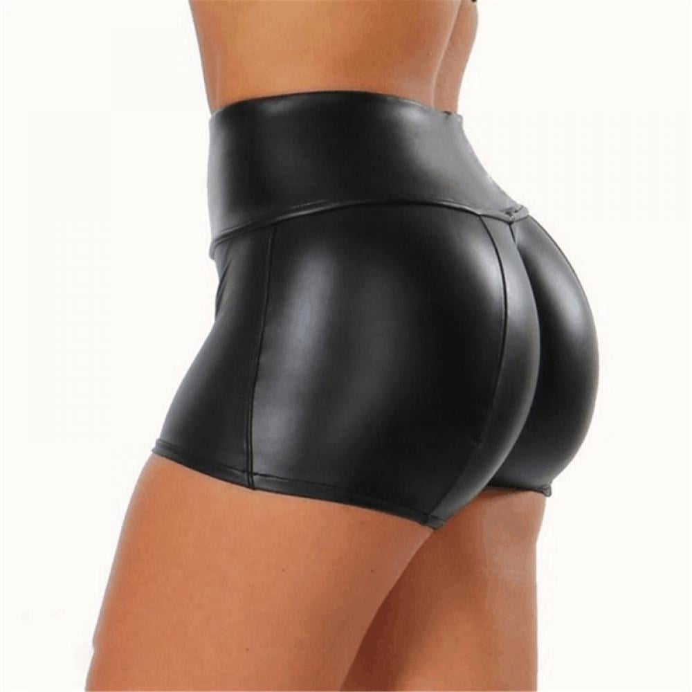 Women PU Leather Booty Shorts Stretchy Wet Look Hot Pants High Waist Black S-5XL 