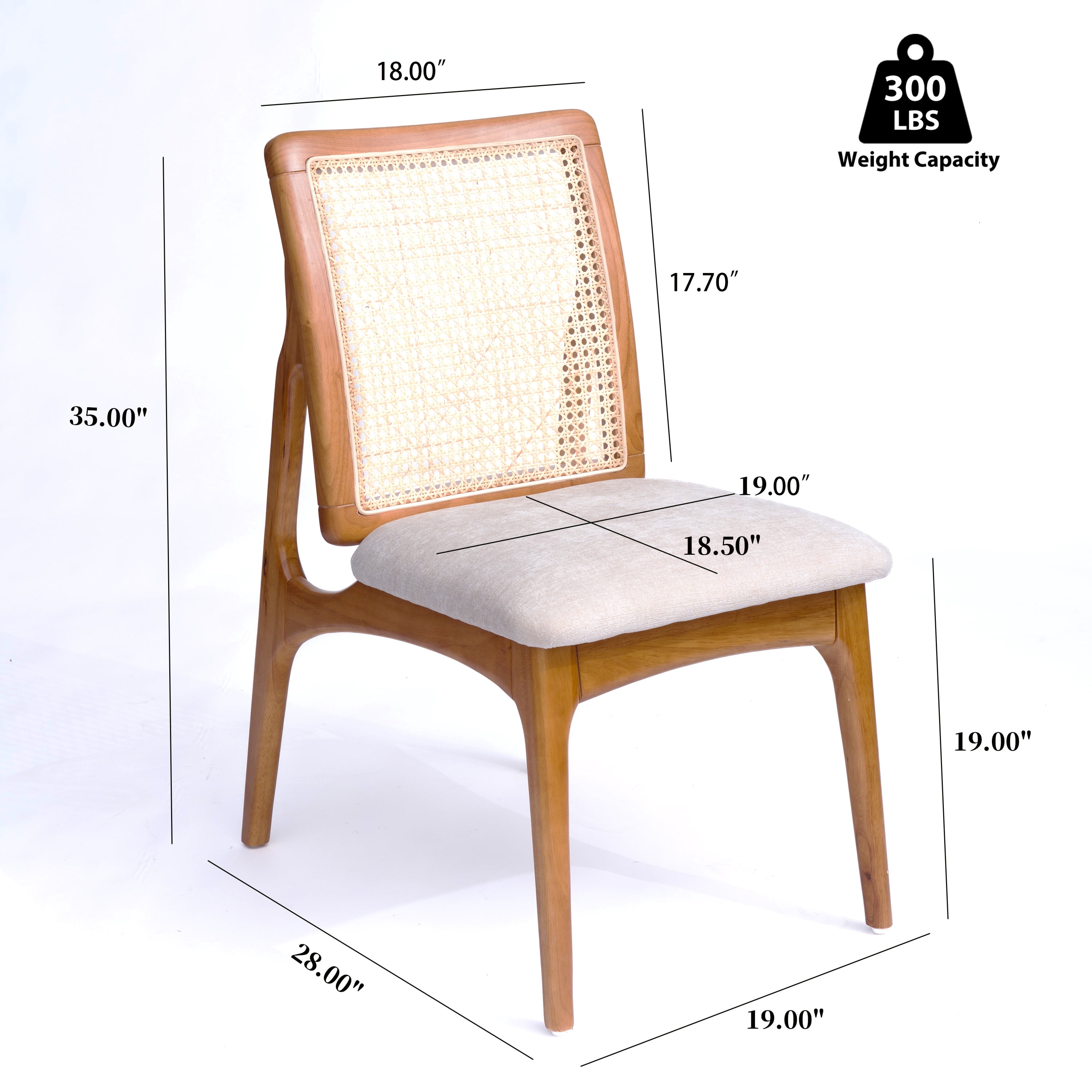 Garitin Dining Chair Set of 2 and Rattan Back Side Chairs, Wooden Frame Seating with Fabric Cushion for Kitchen and Dining Room, Natural
