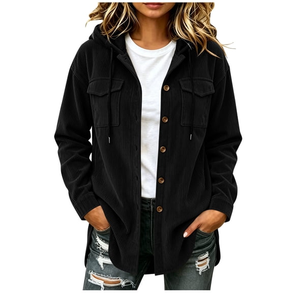 Iyufng Womens Hooded Corduroy Jackets Button Down Long Sleeve Casual Coat with Chest Pockets and Drawstring Hood