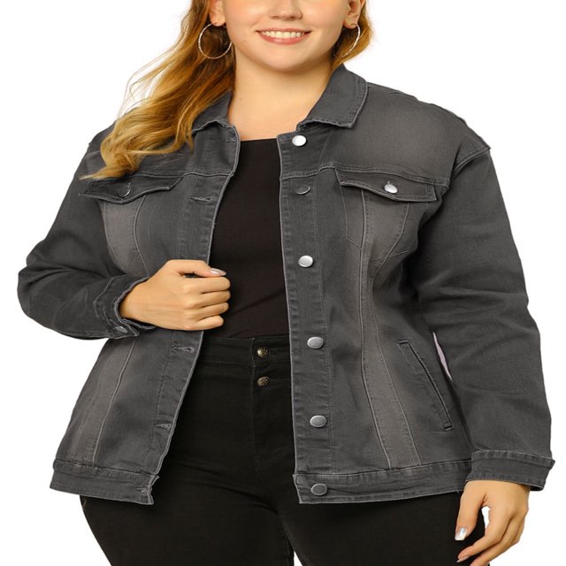 Unique Bargains Women‘s Plus Size Long Sleeve Button Front Washed Denim Jacket