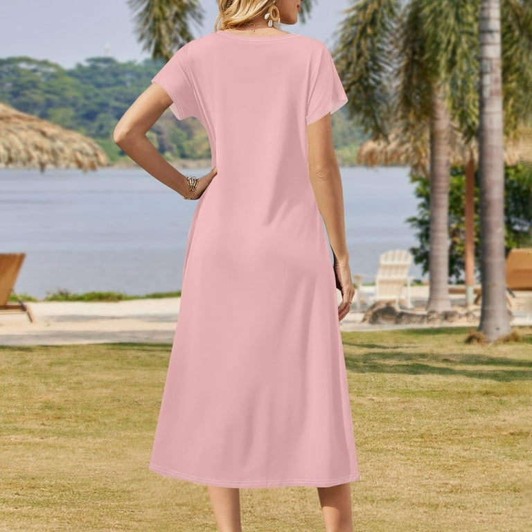 Nokdvo Women Summer Dresses Casual V Neck Sun Dress with Pockets