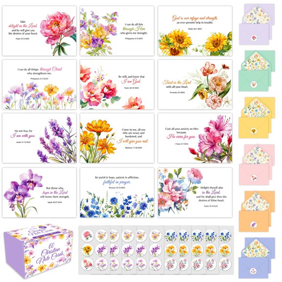 Tarjetas de notas Decorably 6x4 pulgadas, pack de 60, diseño floral cristiano