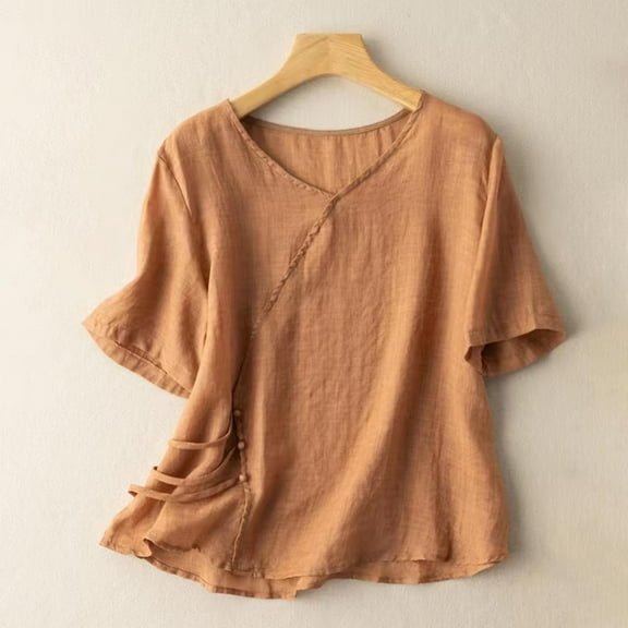 Meichang Cotton Linen Tops for Women Casual Summer Short Sleeve Round Neck T-Shirts Retro Loose Fit Solid Tee Shirts Flowy Vacation Crop Blouses Orange L