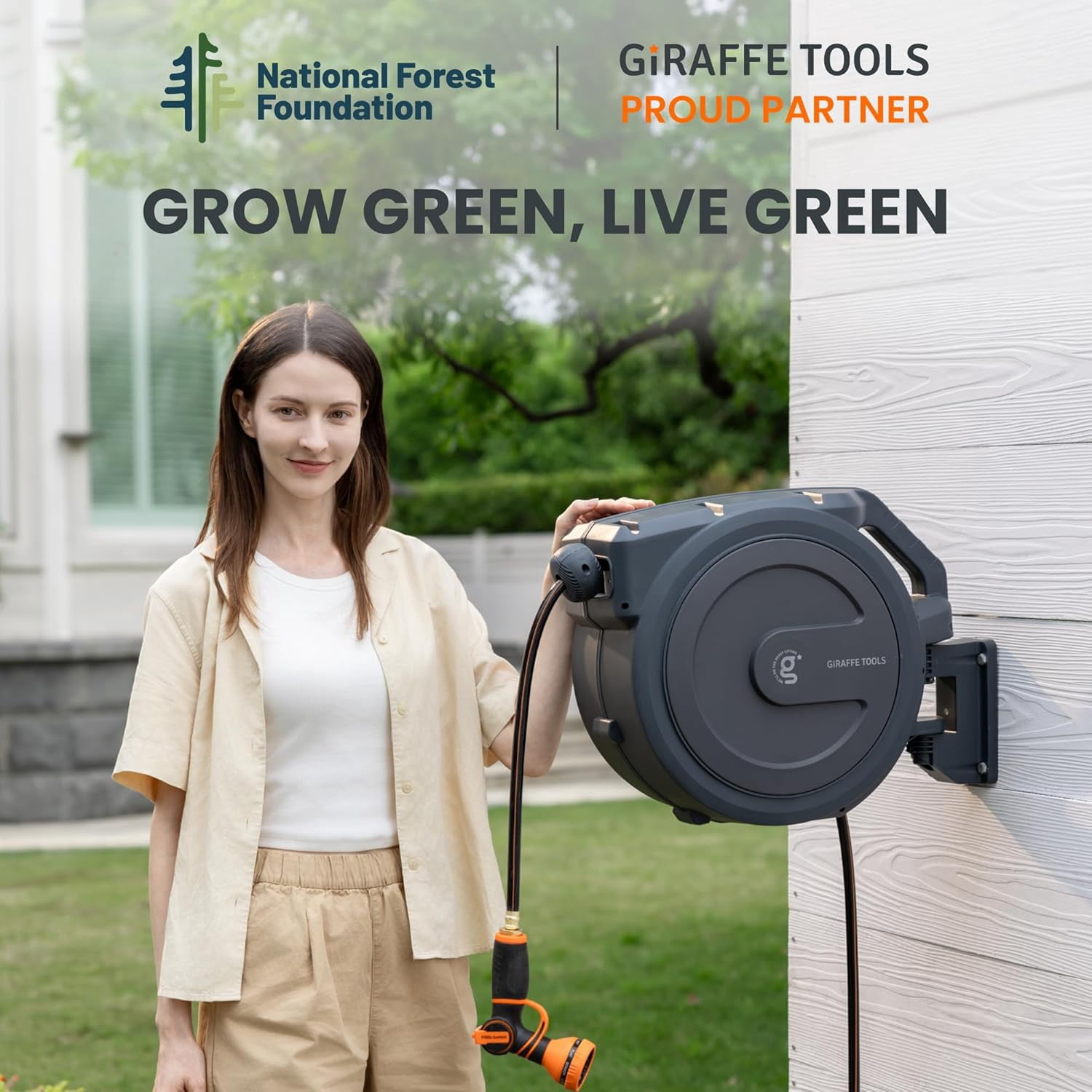 Giraffe Tools Retractable Garden Hose Reel with 1/2in-78ft Hose, Metal Bracket, Wall Mounted, Dark Grey