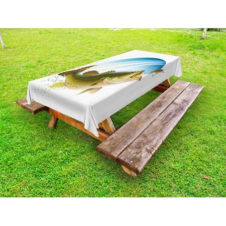 

Fishing Outdoor Tablecloth Largemouth Sea Bass Catching a Bite in Water Spray Motion Splashing Wild Image Decorative Washable Fabric Picnic Table Cloth 58 X 84 Inches Green Blue by Ambesonne