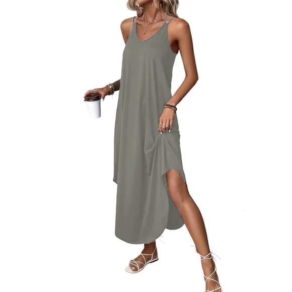 Elvqul Womens Tunic Dresses Gray Sleeveless Mini Dresses V Neck Solid Flowy Summer Casual Tank Dresses for Women