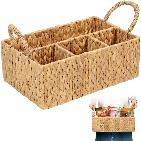 Divided Water Hyacinth Baskets with Handles, Storage Basket Woven Natural for Organizing Bathroom Kitchen Shelves Office Supplies Organization, Wicker Storage Baskets 4 Section Rectangular Tray