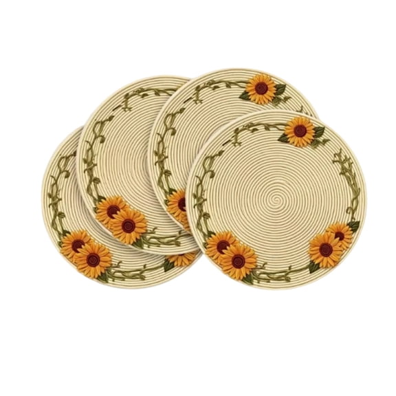 4 Pcs Round Table Placemats,Sunflower Pattern Embossed Heat Resistant Anti-Scratc Table Mats for Farmhouse Kitchen Patio Countertop