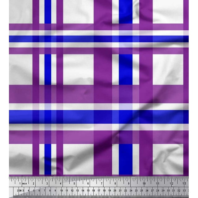 Soimoi Blue Modal Satin Fabric Gingham Check Print Sewing Fabric Yard 42 Inch Wide