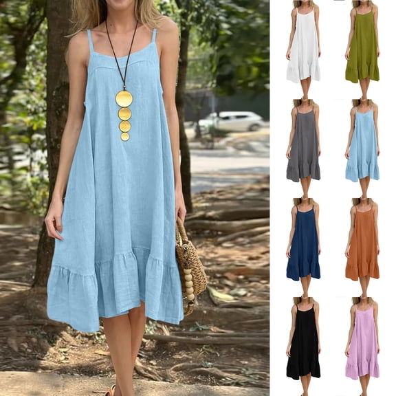 Smsaxvxz Women's Summer Strap Dresses Fashion Solid Crew Neck Sleeveless Ruffle Pleated Hem Casual Loose Midi Beach Sundress Light Blue 3XL