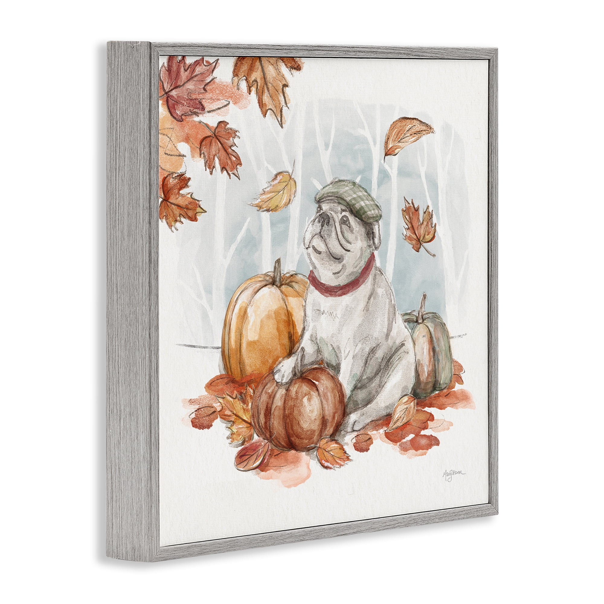 Stupell Industries Autumnal Bulldog Scene Holiday Painting Gray Framed Art Prints Wall Art, 24 x 24