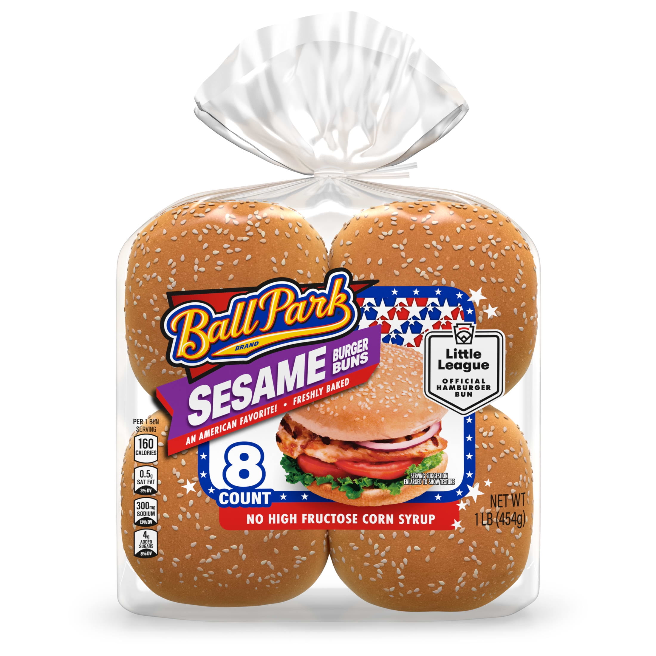 Ball Park Sesame Seed Burger Buns, 8 Count, White Hamburger Buns, 16 oz Bag