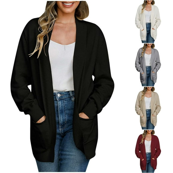 Lovskoo 2024 Cardigan Sweaters for Women Open Front Trendy Long Sleeved Medium Length Comfortable Commuting Loose Fitting Oversized Winter Outerwear Tops Black