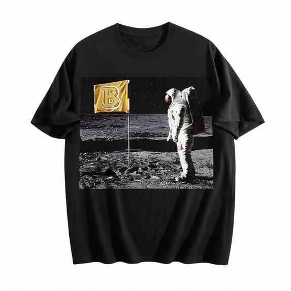 NUBILY Man On The Moon Logo Flag Graphic Short Sleeve T-Shirt,Comfortable Breathable Soft Tee,100% Cotton Men's Graphic T-Shirt,Black,Size L