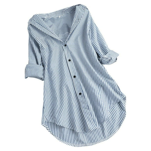 Gibobby Camisa Moda Mujer Blusa de manga larga a rayas con botones largos para mujer, cuello vuelto, blusa holgada para mujer(Aqua, XXXXXL)