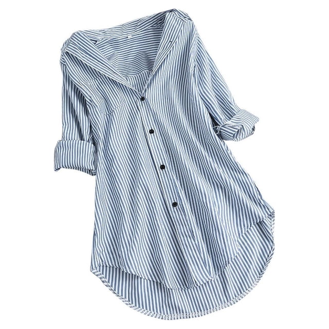 Blouses Bleues pour Femmes, Chemises à Manches Rayées, Col Rabattu, Blouse Longue Ample, Haut à Boutons pour l'Été