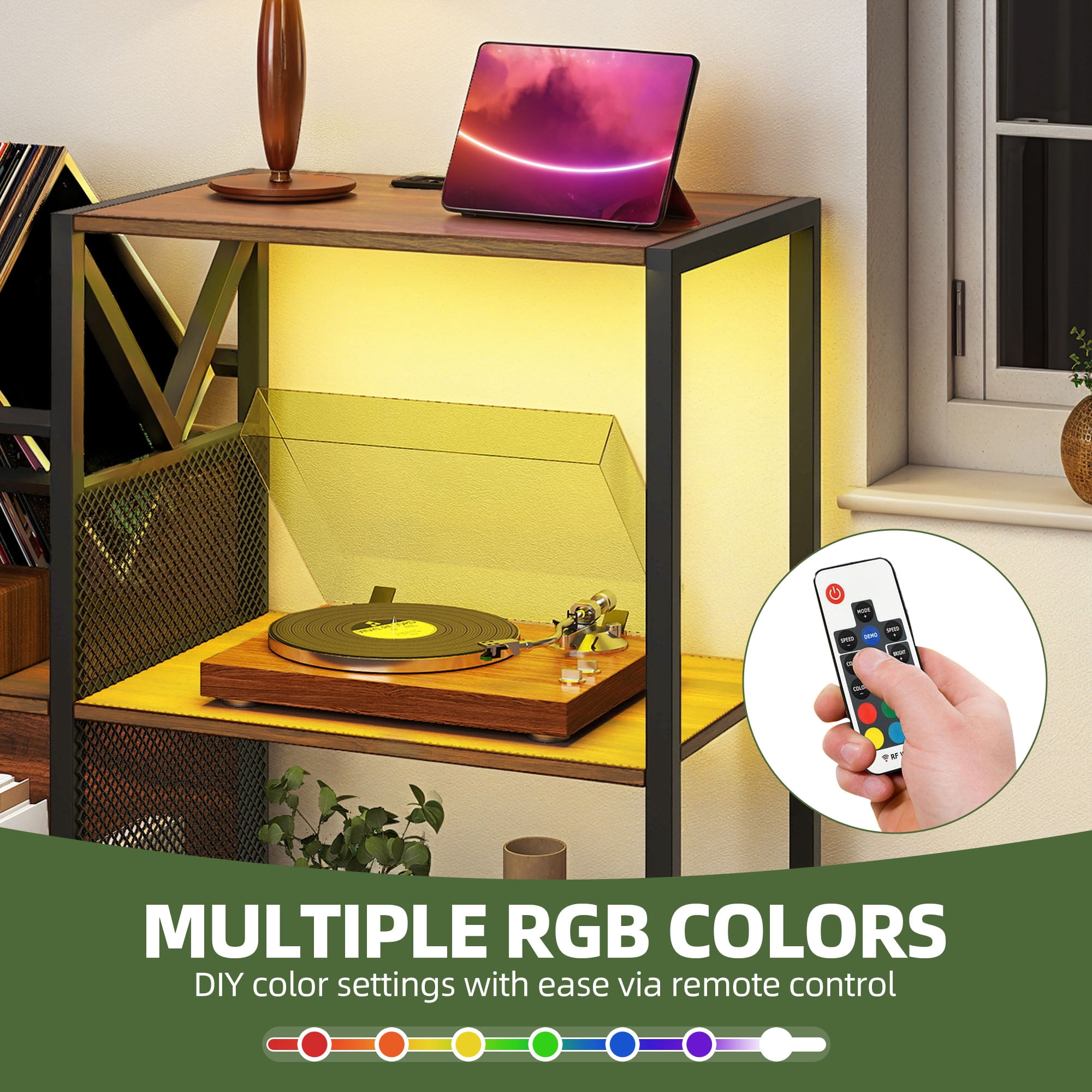 Uforic 3-Tier Vinyl Record Player Stand with RGB LED Light, Power Strip (AC/USB), Walnut Storage Cabinet Holds 300 Albums