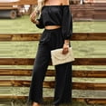 thumbnail image 5 of 2 Piece Outfits for Women Casual off Shoulder Long Sleeve Crop Tops Drawstring Wide Leg Pants Matching Lounge Sets, 5 of 8