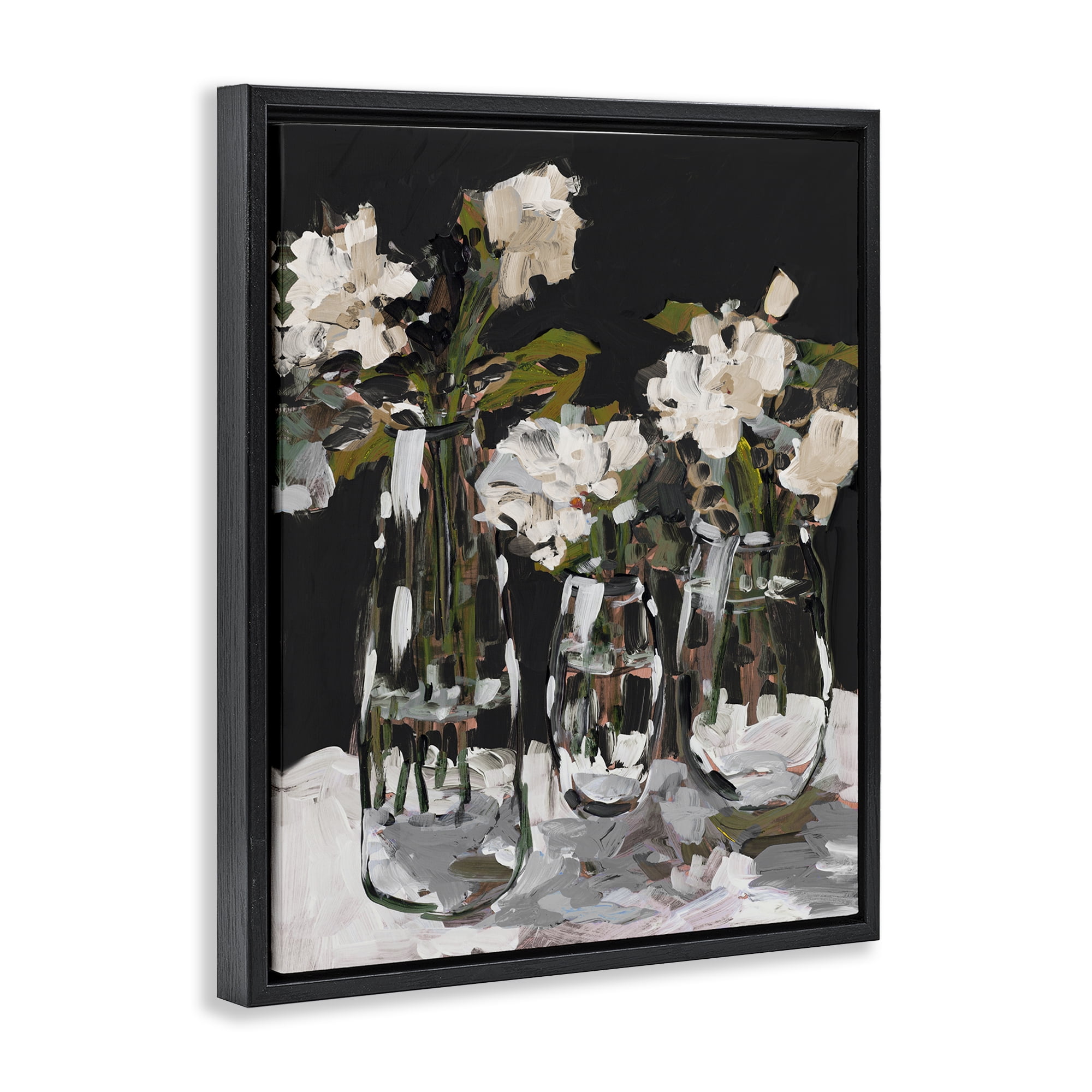 Stupell Industries Three Flower Vases on Black Black Framed Floater Canvas Wall Art, design by Jane Slivka