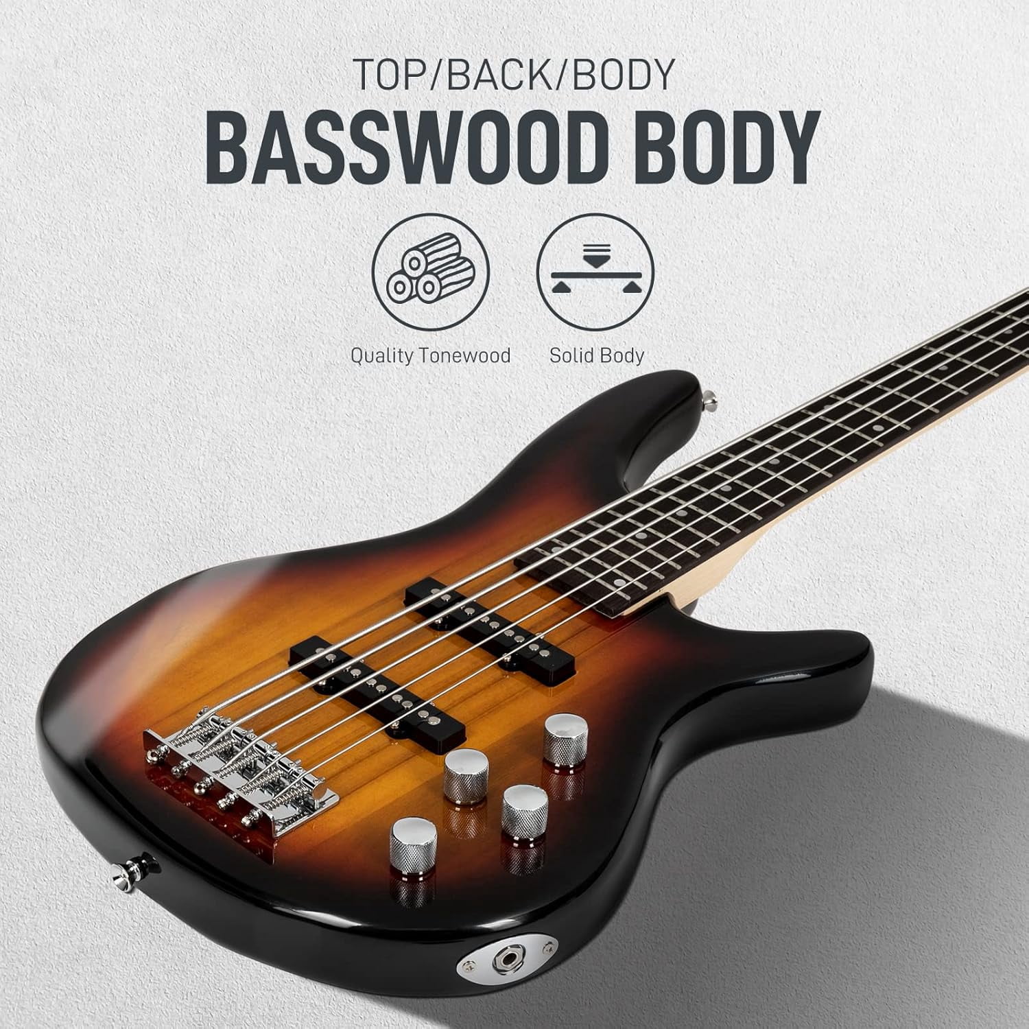 HarmonyStrings 5 String Electric Bass Guitar, Full Size Standard Right Handed Rosewood Fretboard Bass Kit with Gig Bag Strap Cable Wrench Tool Sunset Classic